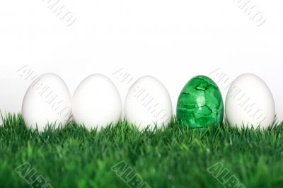 A green egg between the white 