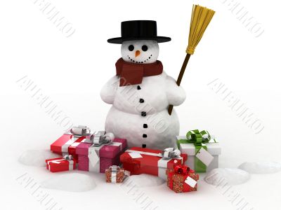 Snowman and gift boxes.3d rendered image.
