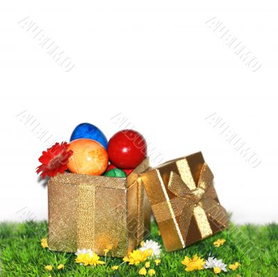 Easter eggs in a gold gift box
