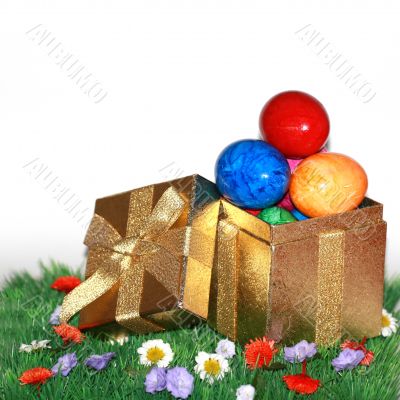 Easter gift on a green meadow