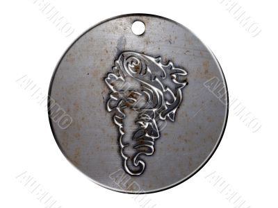 3d monster mythology, in metal medallion on a white isolated background.