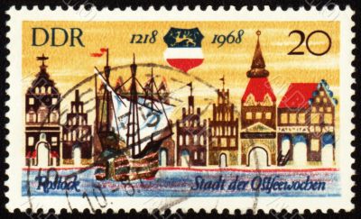 Old German town Rostock on post stamp