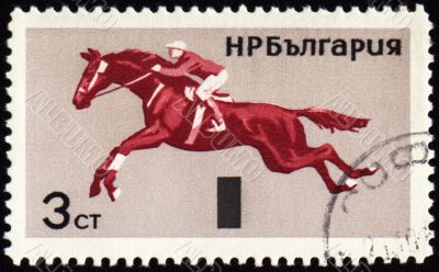 Horse show jumping on post stamp