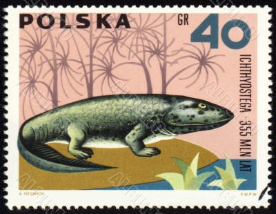 Dinosaur Ichthyostega on post stamp