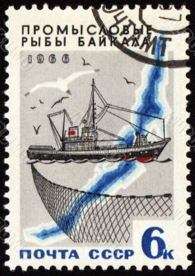 Fishing ship on Lake Baikal on post stamp