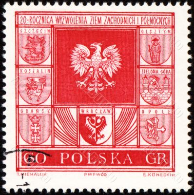 Arms of cities in Poland on post stamp