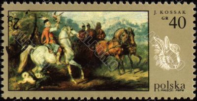Canvas of Polish artist J.Kossak on post stamp