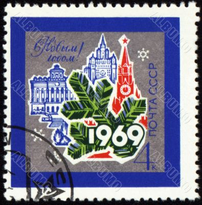 New Year 1969 in Moscow on post stamp