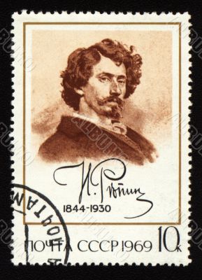 Portrait of russian painter Repine on post stamp