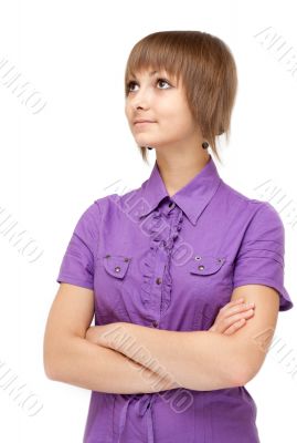 Young girl in violet blouse smiles