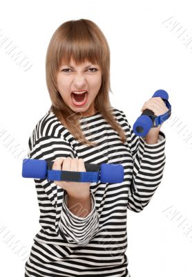 Young girl with dumbbell yells