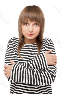 Portrait girl in red pomade on lip
