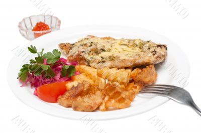 Fried meat in melted cheese and potatoes, roe