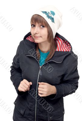 Beautiful girl in light hat with pattern