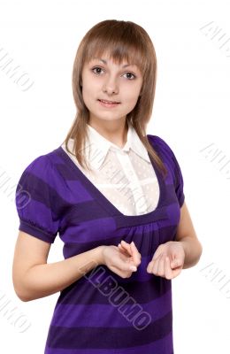 Young beautiful girl in violet striped cloth