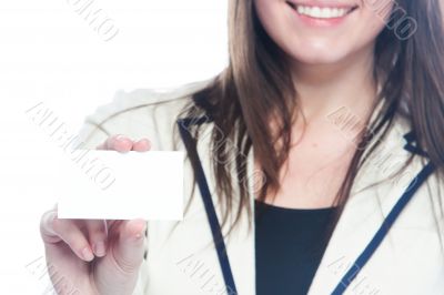 Young business woman with a business card