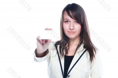 Young business woman with a business card
