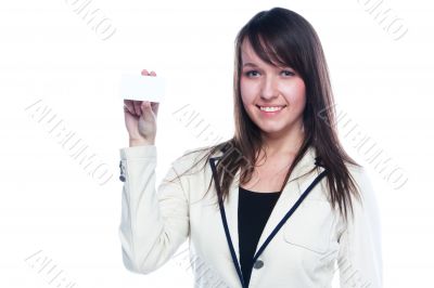 Young business woman with a business card