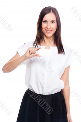 Young business woman with a business card