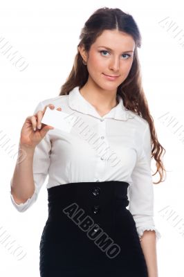 Young business woman with a business card