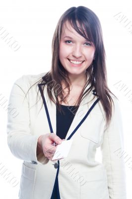 Young business woman with a business card