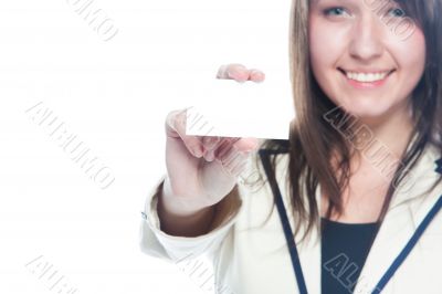 Young business woman with a business card