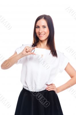 Young business woman with a business card