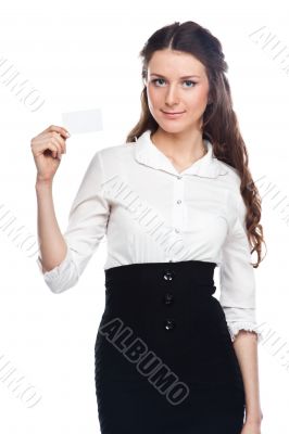 Young business woman with a business card