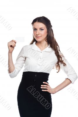 Young business woman with a business card