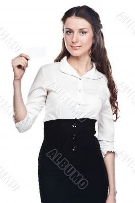 Young business woman with a business card