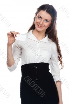 Young business woman with a business card