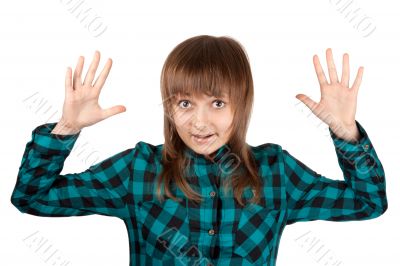 Beautiful girl in plaid shirt and hand upwards