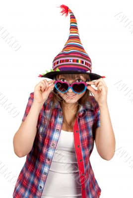 Beautiful girl smiles in sunglasseses and colour hat