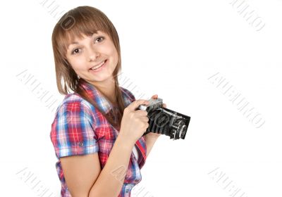 Young girl with old analog photo by camera