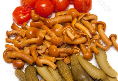 Pickled mushrooms, tomatoes and cucumber