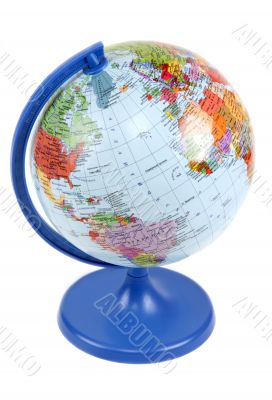 Globe on blue stand insulated on white background