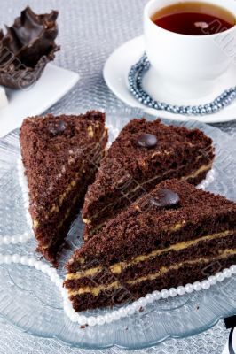 chocolate cake on a glass plate