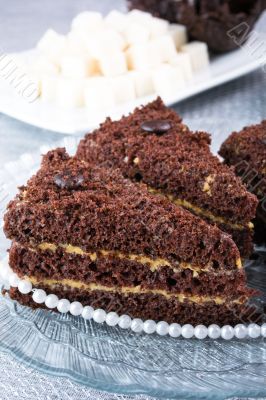 chocolate cake on a glass plate