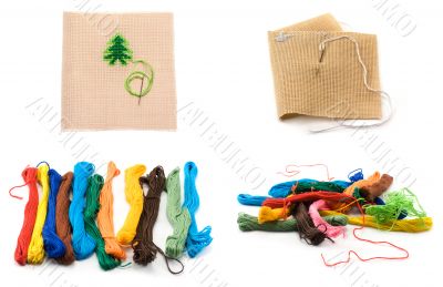 Collage colour threads and bit fabrics with embroidery in the ma