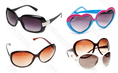 Collage sunglasses on white background