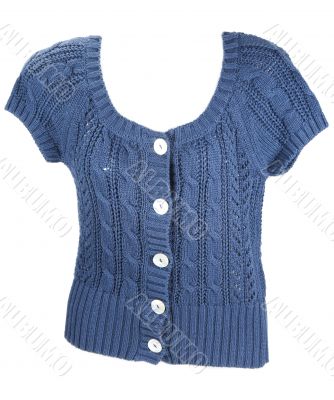 Blue knitted woman`s jacket with button