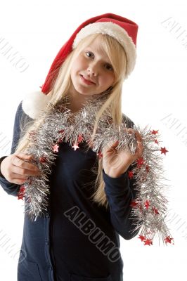 A beautiful young blonde in a Santa hat
