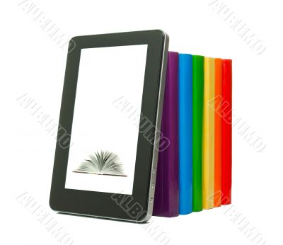 Row of colorful books and tablet PC