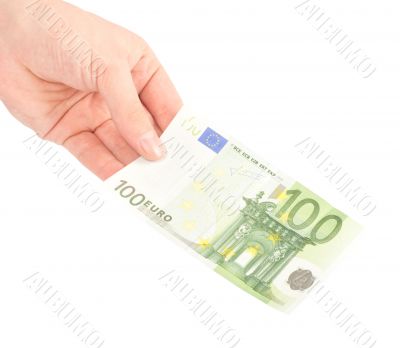 Money (Euro) in a hand isolated on white