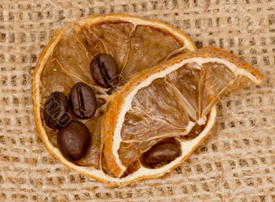 lemons and coffee beans on burlap