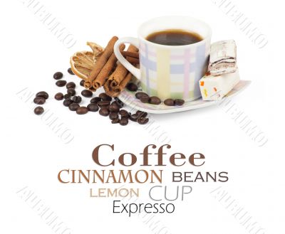 Cup of coffee with ingredients on a white background