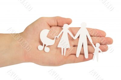 paper family in hands isolated on white
