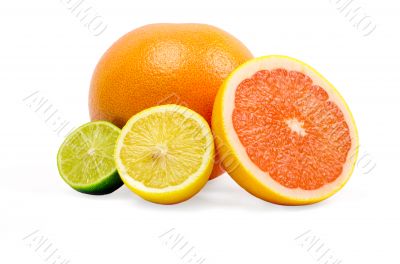 image of a fresh whole lime,lemon and orange isolated on white