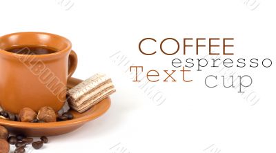 Cup of coffee with ingredients on a white background