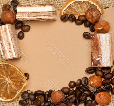 old paper for recipes and spices on burlap closeup